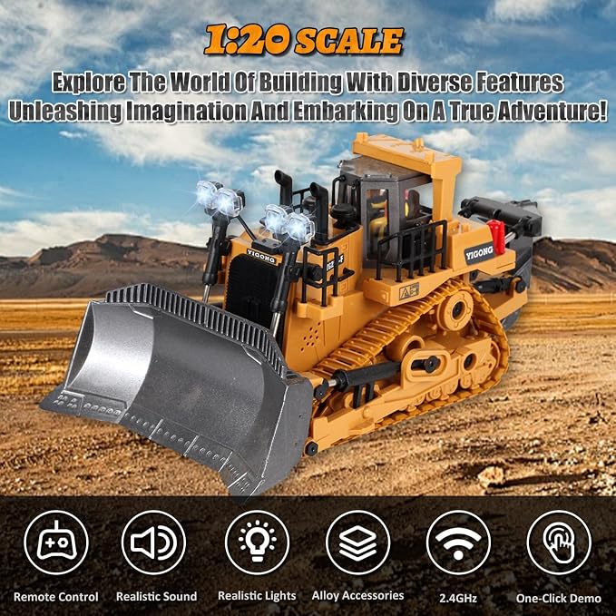 Remote-Controlled Bulldozer, a 9-Channel Toy Bulldozer, 2.4GHz, with Lights and Sound Effects, is The for Children Aged 6-11 and up