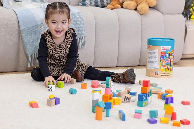 Jasey's Toy Chest Build & Imagine Wooden Blocks | 80-Piece Educational Building Set with Animal & Shape Blocks | Toddlers Ages 12+ Months