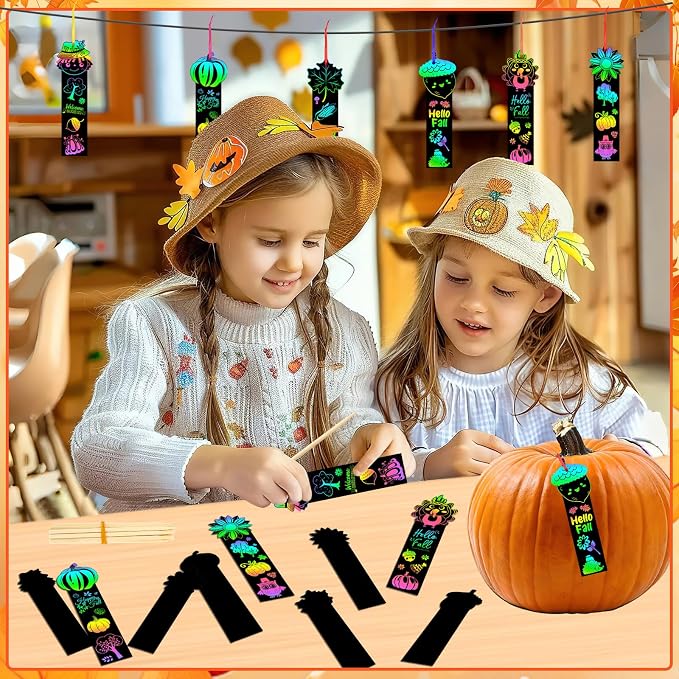 JUNEBRUSHS 30Pcs Fall Scratch Bookmarks, Rainbow Scratch Paper Art | Hello Fall Autumn Leaves, Pumpkin Turkey DIY Crafts Kit, for School Classroom Activity, Thanksgiving Party Favor