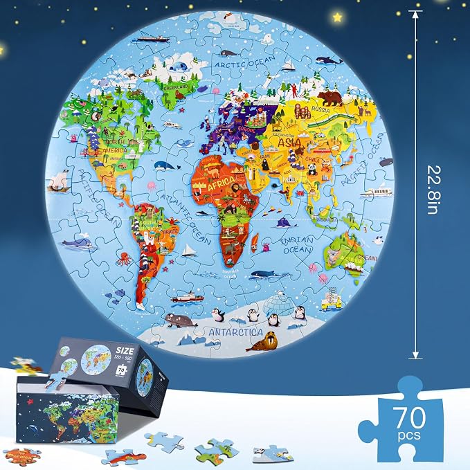 DIGOBAY World Map Jigsaw Puzzle for Kids 4-8, 70 Piece Large Round Floor Puzzles for Kids Ages Toddler Puzzle Globe Geography Games Educational Toys Birthday for Children | Large Round Big Kids Toddler Puzzle Globe Geography Games Educational Puzzles T...