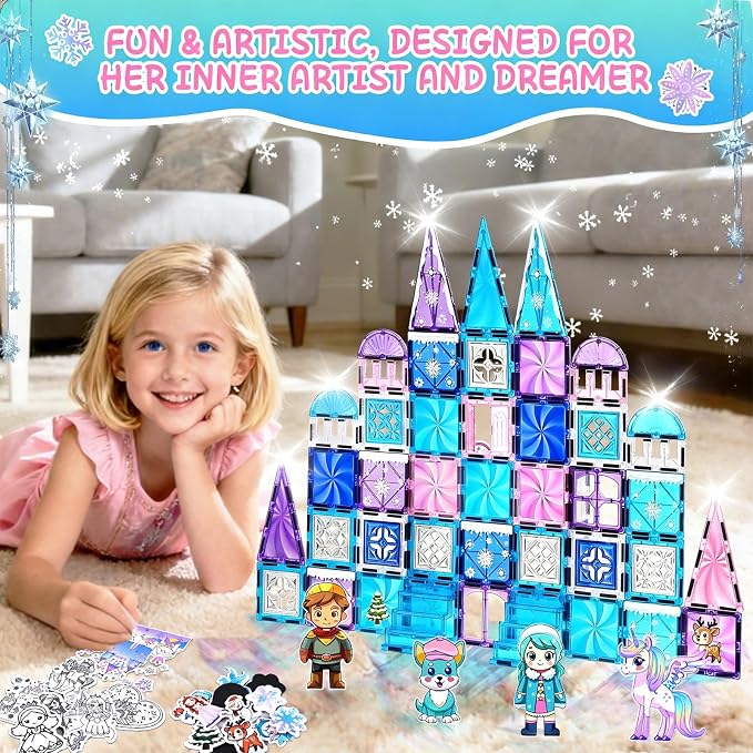 Princess Castle Magnetic Tiles 112PCS with 4 Dolls 2 Stairs & Magnetic Art Decors Kit, Diamond Blocks Magnet Tiles for Kids 3-5 4-8-12, Magnet STEM Princess Toys for 3 4 5 6 7 8+ Girls Kids Xmas Gifts