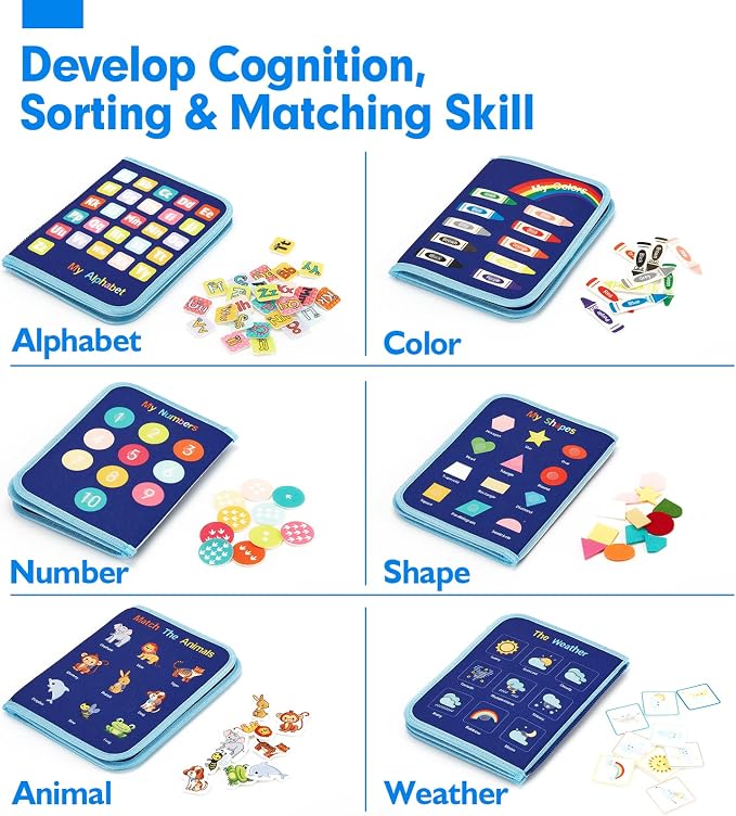 hahaland Montessori Busy Board for Toddlers, Preschool Learning Activities | Life Skills, Alphabet, Number, Shape, Color, Animal, Weather, Toddler Boy Learning Educational Busy Book Airplane Travel Toy