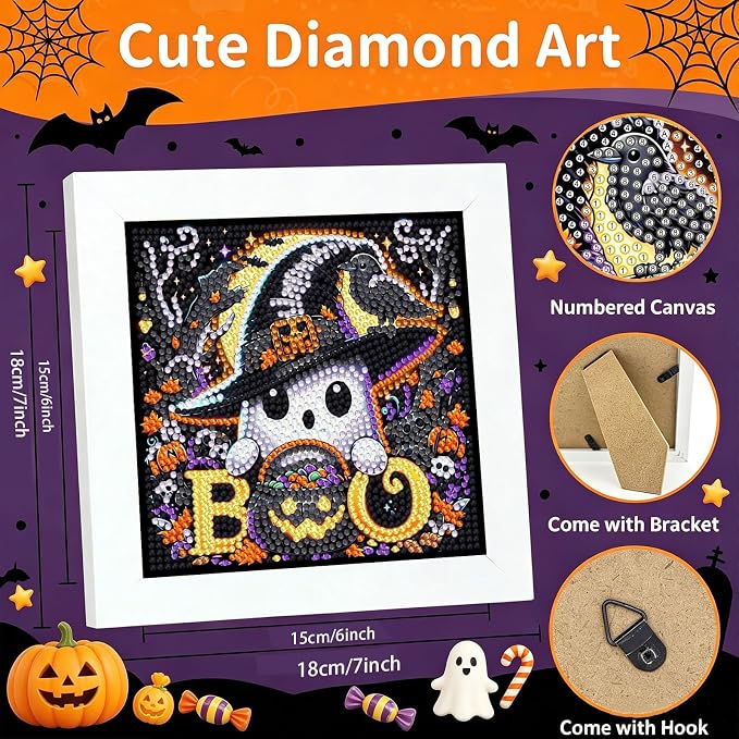 Gemozaic Halloween Diamond Art Kit for Kids Ages 6-8-12 with Frame, 7x7 in | Cute Spooky Diamond Art for Kids 10 Year Old, DIY Big Gem Arts and Crafts for Boys and Girls Birthday Gift, Home Wall Decor