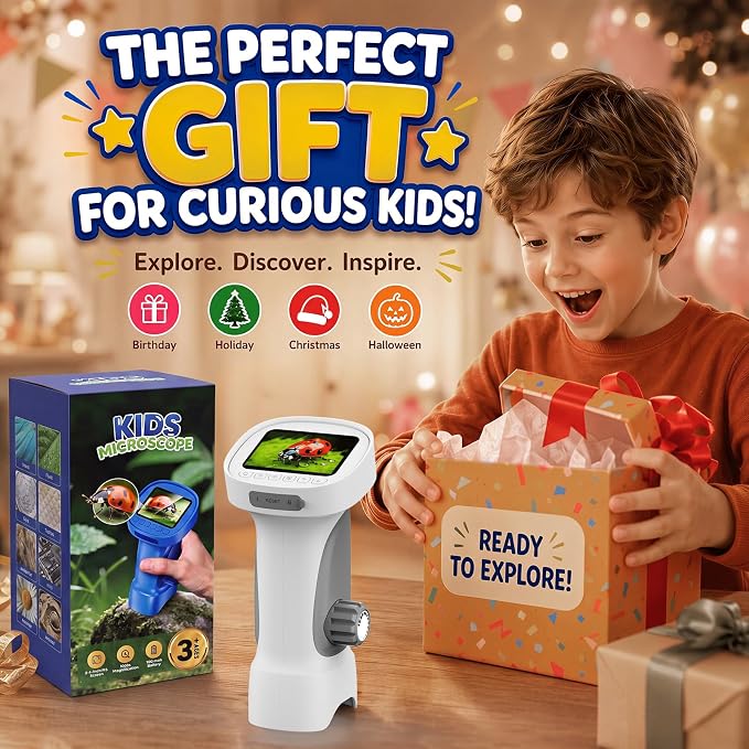 1000X Handheld Digital Microscope for Kids: Explorer 1080P Magnifying Glass | 2.4” IPS Portable Electronic STEM Outdoor Montessori Learning Toy, Birthday Gifts for 4 5 6 7 8-12 Year Old Boys Girls