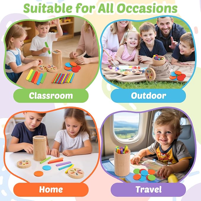 Montessori Toys for 1-3 Year Old, 3 in 1 Wooden Color Sorting Stacking Travel Toy for Toddlers 18+ Months with Magnetic Lid, Birthday Christmas Learning Gift for 2-4 Year Olds Boys Girls