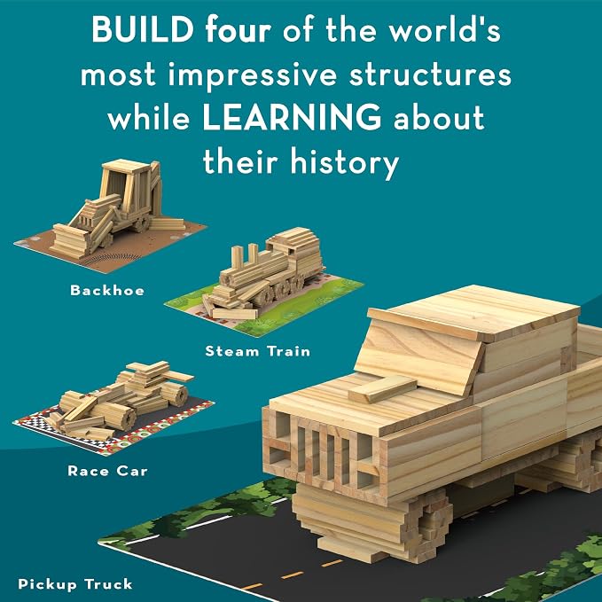MindWare KEVA Models Vehicles - 154 Wooden Building Planks & Step-by-Step Instructions to Build Iconic Vehicles