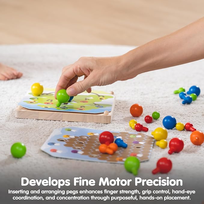 PlanToys® Creative Peg Board Wooden Toy for Kids Ages 3+ Montessori Set | pegs, holes, pattern blocks, colorful pieces, girls, boys, imaginative fine motor hand-eye coordination gift preschool set
