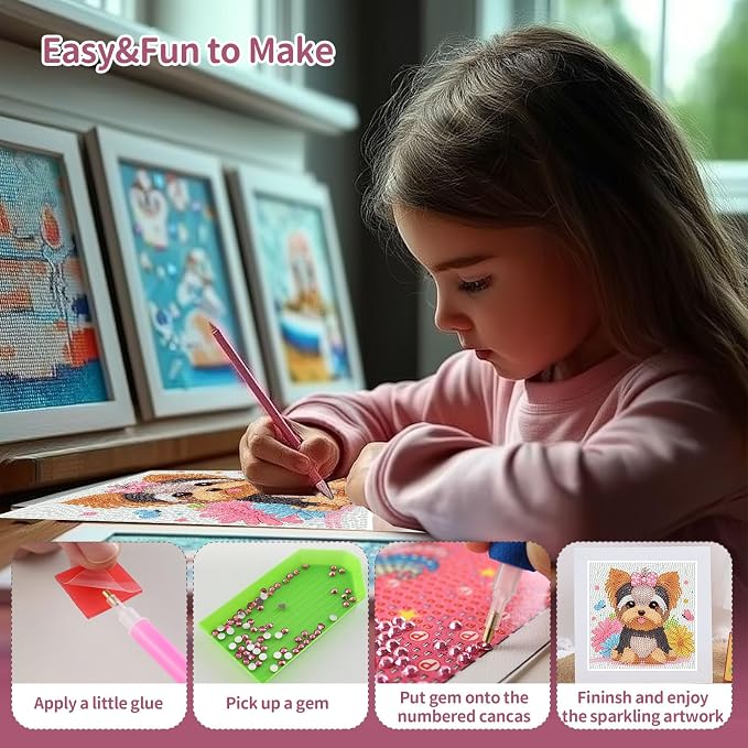 Gemozaic Dog Diamond Art Kits for Kids Ages 8-12 with Frame, 7 x 7 Inch | Cute Yorkshire Diamond Art for Kids 10 Year Old, DIY Easy Kid Big Gem Painting, Puppy Arts and Crafts for Girl Birthday Gift