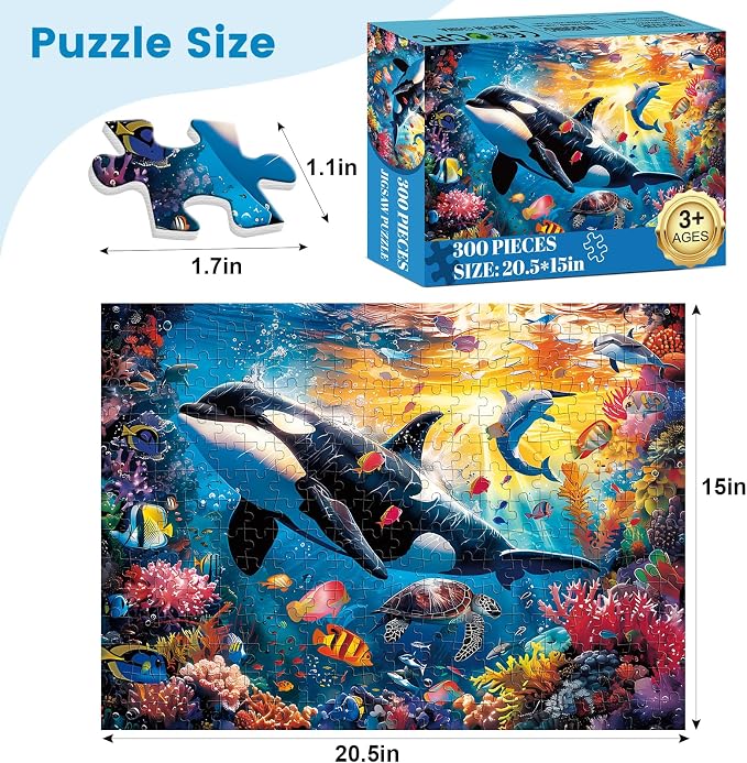 300 Piece Puzzles for Adults and Kids, Undersea World Jigsaw Puzzles | Sea Turtles Dolphins Whales Jigsaw Puzzle, Home Decor Birthday Party Gift Toy, Fun and Challenging Family Games, 20.5x15IN