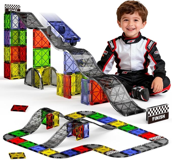 Magnetic Downhill Racer Track: 40pc Blocks Set w Car, STEM Toy 3-8 | Reinforced Tracks + Magnetic Car, STEM Montessori Toy, Safe ABS, Gift for Boys & Girls 3-8, Compatible w Major Brands