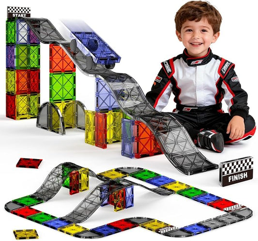 Magnetic Downhill Racer Track: 40pc Blocks Set w Car, STEM Toy 3-8 | Reinforced Tracks + Magnetic Car, STEM Montessori Toy, Safe ABS, Gift for Boys & Girls 3-8, Compatible w Major Brands