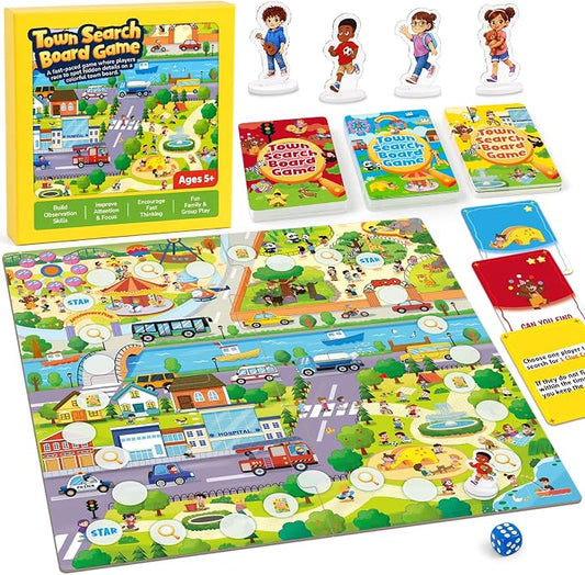 Town Search Board Games, Family Games for Kids Ages 5 6 7 8-12, 2-4 Players, Educational Board Game for Boys Girls 5+, Back to School Gifts for Classroom & Family Nights & Parties