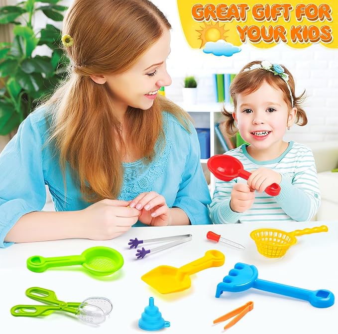 11 Pieces Sensory Bin Filler, Fine Motor Skills Handy Toys Set with 5 Scoops, Tweezers, Mini Silicone Tong, Scissors Clip, Dropper, Beach Shovels, Funnel, Sensory Bin Accessories Tools