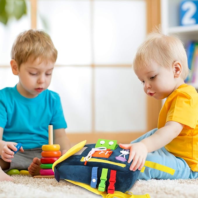 Busy Board - Toddler Backpack with Buckles and Learning Activity Toys - Develop Fine Motor Skills and Basic Life Skills - Learn to Tie Shoes - Children's Travel Toy