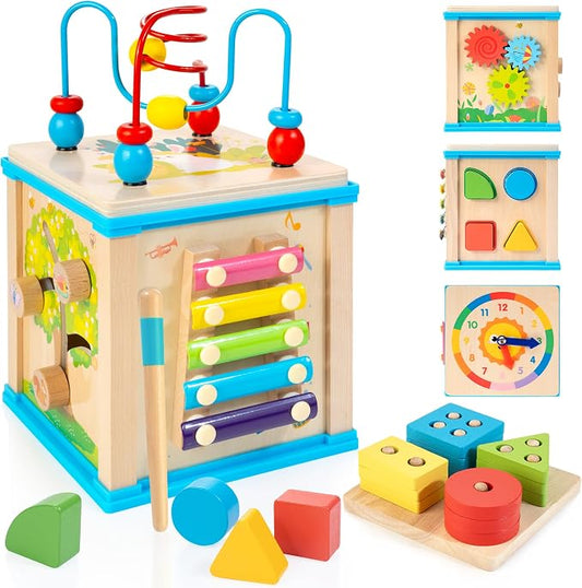 WOODMAM Wooden 7-in-1 Activity Cube, Montessori Toys for 1 2 Year Old | Baby Educational Developmental Toys, One Year Old Boy Girl Birthday Gifts, Bead Maze, Xylophone, Sorting & Stacking Board