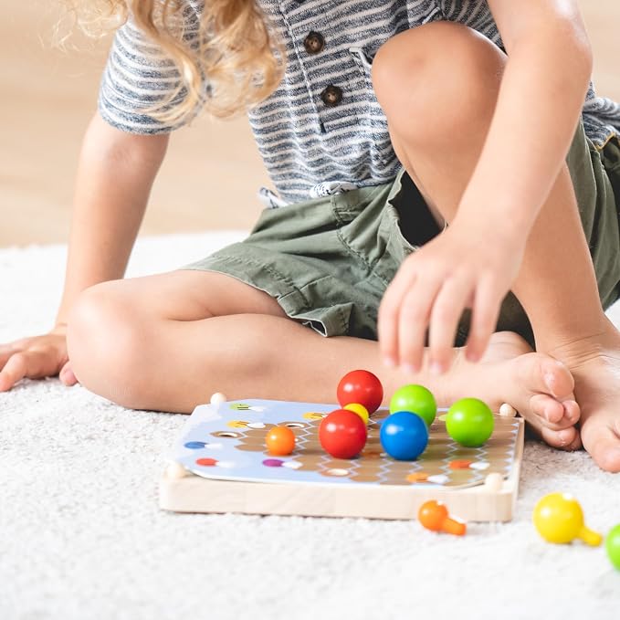 PlanToys® Creative Peg Board Wooden Toy for Kids Ages 3+ Montessori Set | pegs, holes, pattern blocks, colorful pieces, girls, boys, imaginative fine motor hand-eye coordination gift preschool set