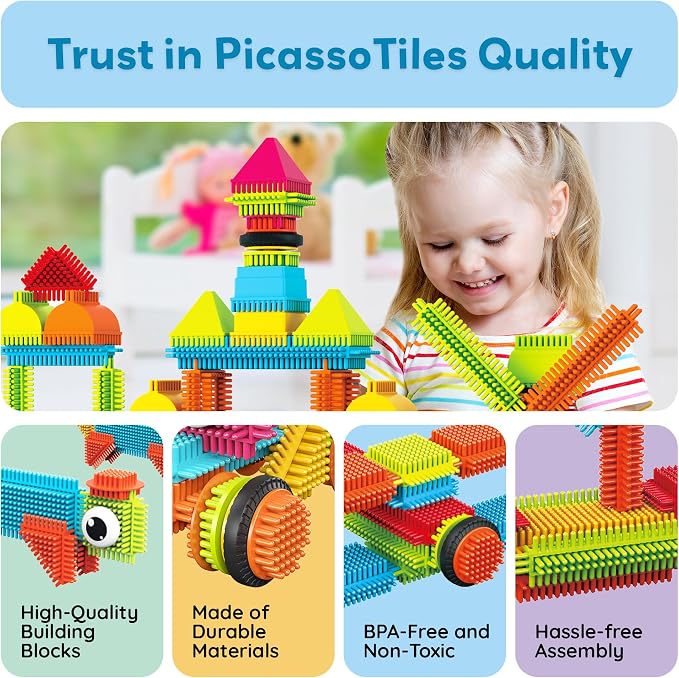 PicassoTiles 116 Piece Hedgehog Building Blocks, STEM Toy Set Kids Ages 3+ | soft interlocking bristle tactile construction, 4 action figure characters, decorative eyes, early educational creative play