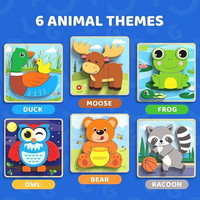 BenBen Wooden Puzzles for Toddlers 1-3, 6 Pack Animal Puzzles for Toddlers 2-4, Montessori Toys for 1 2 3 Year Old Boys Girls, Learning Educational Preschool Toys