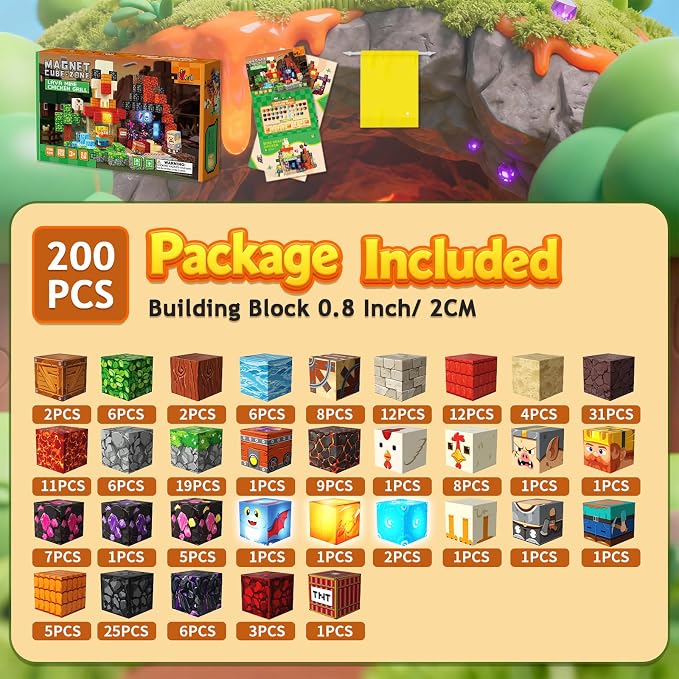 Magnetic Building Blocks STEM Toy Magnet Cubes for Kids 4-12 | Magnetic Cubes, 0.8 inches Building Blocks, Christmas Birthday Gifts for Kids Boys Girls Lava Grill Chicken-200pcs
