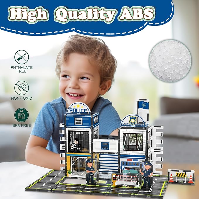 AFUNX Police Station Magnetic Tiles Building Set for Kids Ages 3+ | Strong Magnets, Compatible with Major Magnetic Tile Brands, Police Pretend Play, Creative Building,Gift Ready
