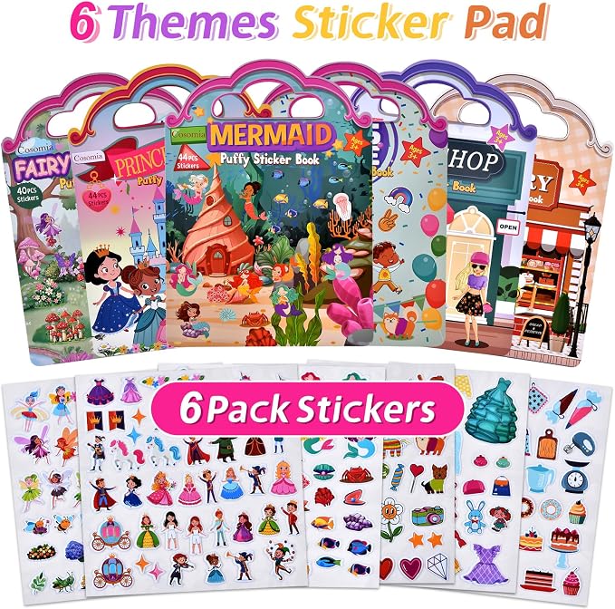6 Set Puffy Sticker Book, Reusable Sticker Books for Toddlers | 260pcs Fairytale+Garden+Princess Party+Mermaid+Kids Zone+Girls' Shop, Travel Toys Book for Kids Ages 3+