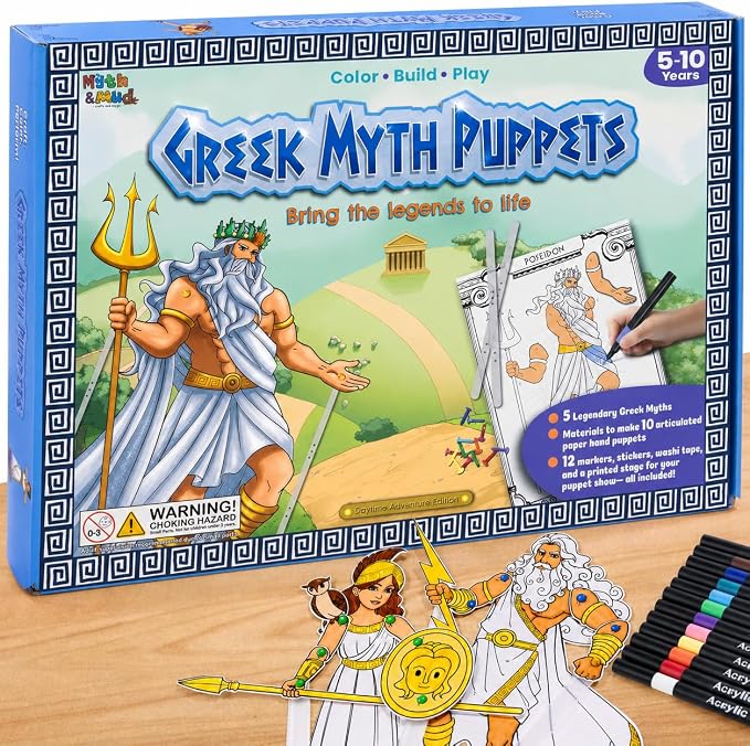 Greek Myths DIY Craft Kit for Kids Ages 5–10, Articulated Paper Puppets to Color, Build & Play, Bring Ancient Legends to Life, Fun Educational Gift (Daytime Adventure)