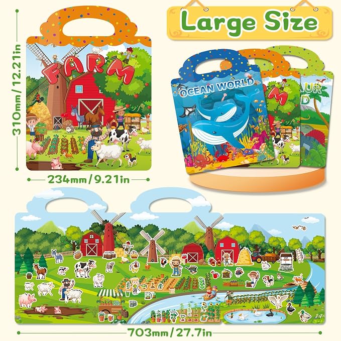 Reusable Jelly Sticker Books, Large Sticker Books for Toddlers, Stickers for Kids, Travel Toys for Children 3-6, Toddler Craft Activities, Birthday Gifts for Boys & Girls