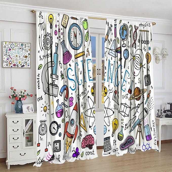 Science Symbols Kids Curtain Sketches Cartoon Chemistry Physics Geometry Education Pattern Print Window Drapes for Bedroom Living Room Kitchen Decor,2 Panel Set,52x84 Inch Blackout