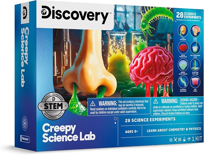 Discovery Creepy Science Lab - 28 Experiments Science Kit| Slime, Boogers, Brain Dissection| STEM Learning Toy| Glow in the Dark Chemistry Set| Kids Educational Activity| Gift for Boys Girls| Ages 8+