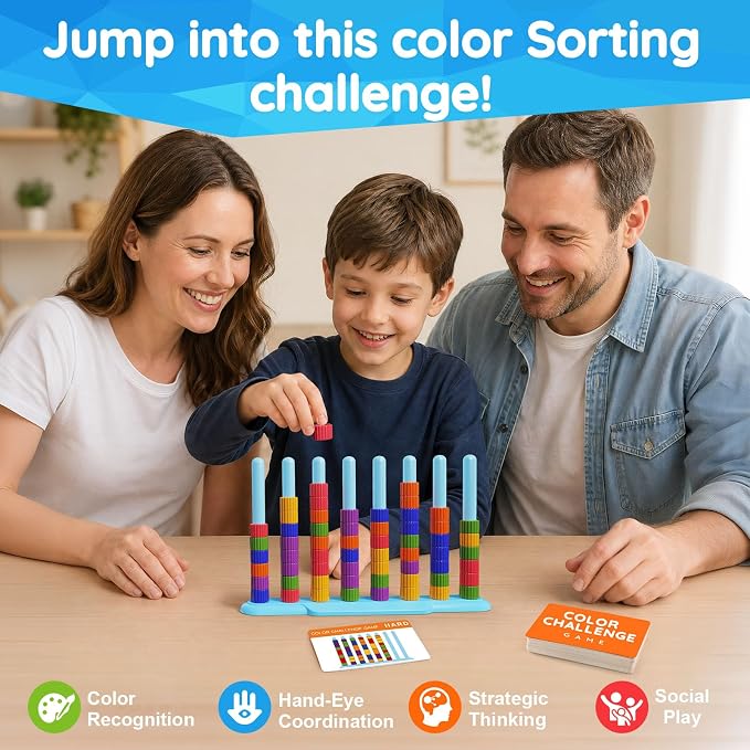 LLESSOO 1 Pack Color Challenge Game – Solo Play Color Matching Puzzle Game, Fun Board Game for Kids 6-8-12, Adults, Party & Family Game Night, Stacking Game with 1 Stack Rack, 100 Cards, 60 Rings