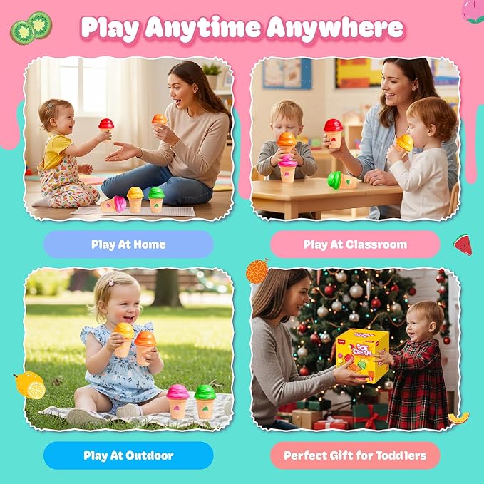 JoyCat Ice Cream Sorting and Stacking Pretend Play Toy Set, 5 Cones | Stack scoops, match colors and serve pretend ice cream while practicing counting and fine motor play