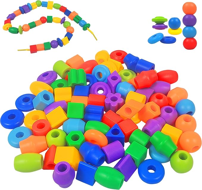 KUTOI Plastic Lacing Beads for Kids with Fun Shapes, Long String, and Brilliant Colors, Educational Occupational Therapy Toys-Fine Motor Toys，Montessori Toy for 3 Year Old and Above（70 pcs）