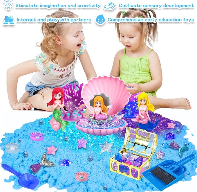 Sensory Bins for Toddlers,Sensory Sandbox Toys Play Sand Art Kit for Kids | Mermaid Play Sand Art Kit Set with Sandbox & Tools, Indoor Outdoor Beach Toys for Boys and Girls Christmas Birthday Gift