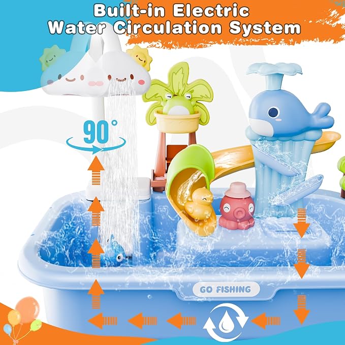 2026 Upgraded Water Table for Toddlers 1-3, Kids Play Sink with Running Water, Toddler Kitchen Sink Toy with Pump, Fishing Game & Sensory Water Play Toys for Boys Girls (Blue)