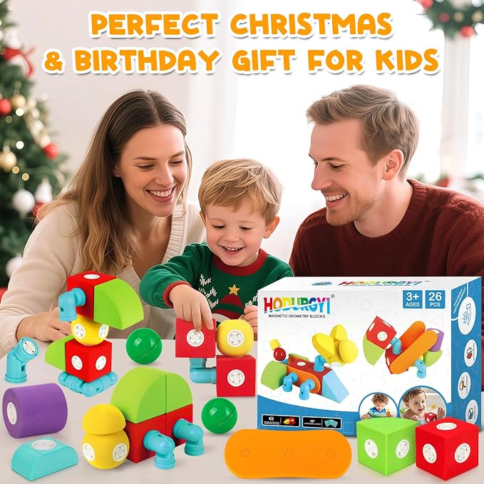 Hodurgyi 26 PCS Magnetic Foam Blocks, STEM Preschool Toys for Children, Magnetic Building Blocks for Toddlers, Kids Bath Toys and Montessori Sensory Toys, Birthday for Boys & Girls Age 3 4 5 6+