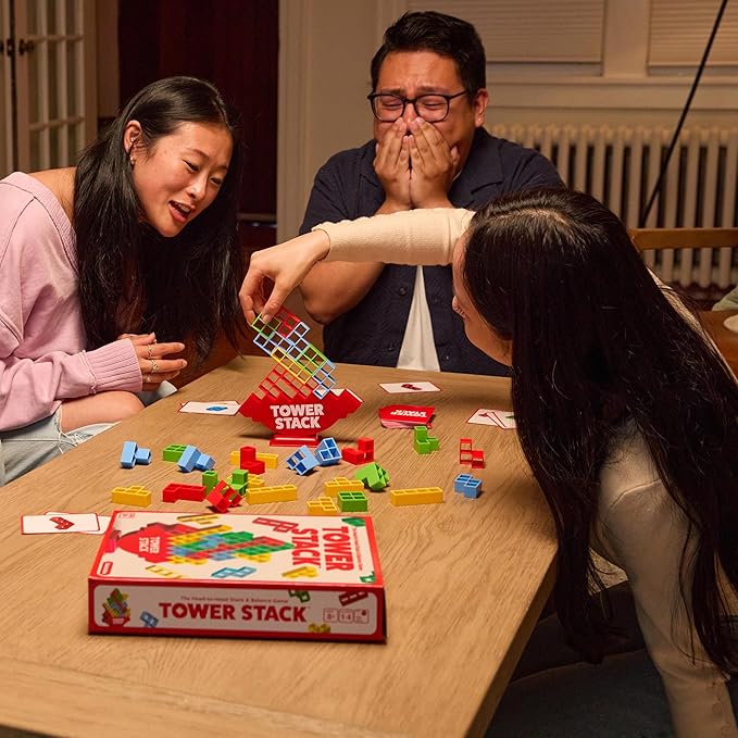 Tower Stack by Relatable - PAL Award 2025 Winner, Exciting Tower Game for Family Game Night, Building Toys for Kids - Includes 44 Cards, 32 Blocks, 1 Tower Body, Stand and Instructions