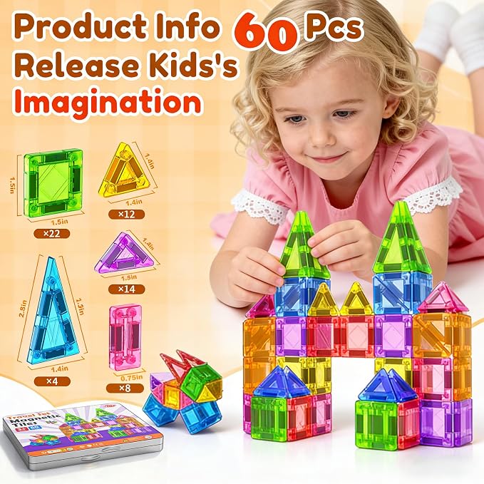 NVHH 60PCS Mini Magnetic Tiles Travel for Kids Ages 3-5 4-8 with Iron Box | Magnet Building Kids Toys for 3 4 5 6 7 8 Year Old Boy Girl Toddler Creativity Construction Sensory Christmas Birthday Gifts