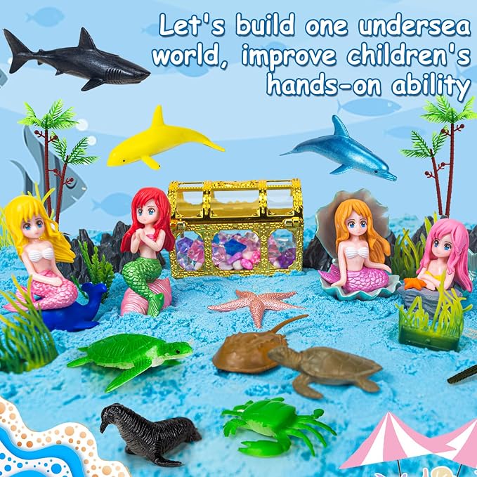 57Pcs Ocean Sensory Bin, Mermaid Sensory Sand Toys for Kids Ages 4-8 Years | Ocean Sand Art Kit Sea Animals Molds Sandbox with Cover, Kids Play Sand Toys Playsand Birthday Gift for Boys Girls 3-5 6 7 8