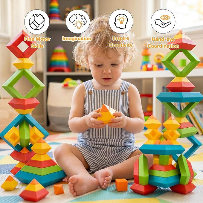 64-Piece Building Blocks Set, Pyramid Stacking Toys for Toddlers | STEM Montessori Toys & Ideal Manipulatives for Preschoolers - Pyramid Magic Tower Gifts for Kids Boys Girls Ages 3 4 5 6