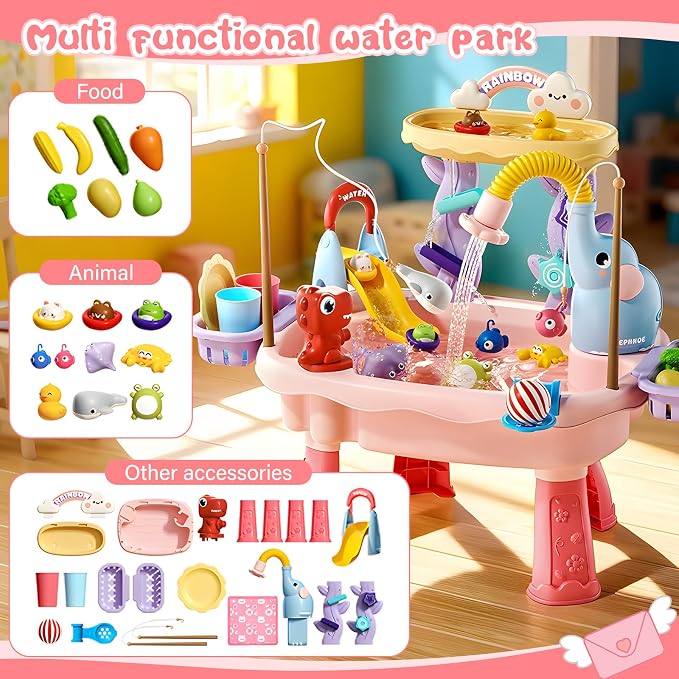Sand and Water Table for Kids with Electric Pump, 4-in-1, Pink | 4-in-1 sand and water table with electric pump, play kitchen sink and fishing accessories for indoor or outdoor sensory play.