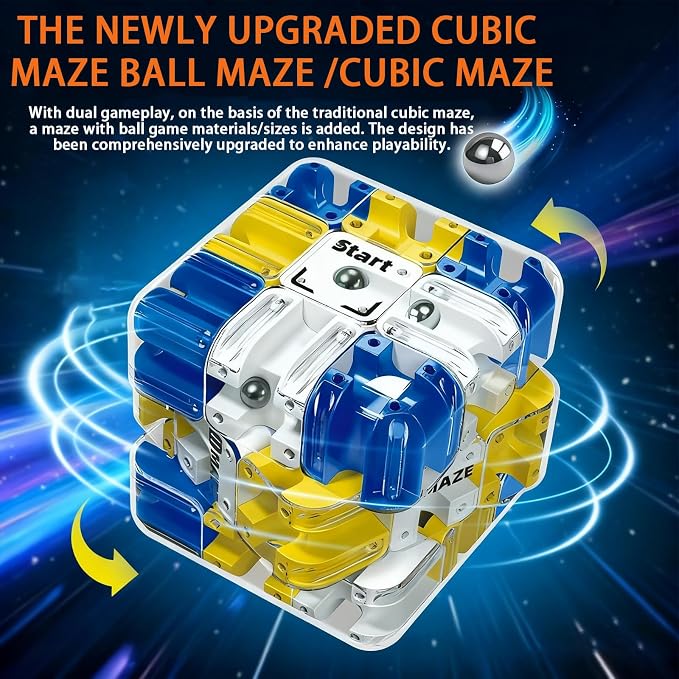 3D Rolling Ball Maze Cube, Marble Labyrinth Cube, 3D Labyrinth Puzzle Cube, Spatial Awareness Brain Training Educational Focus Game Gift for Adults Teens Kids (Yellow & Blue)