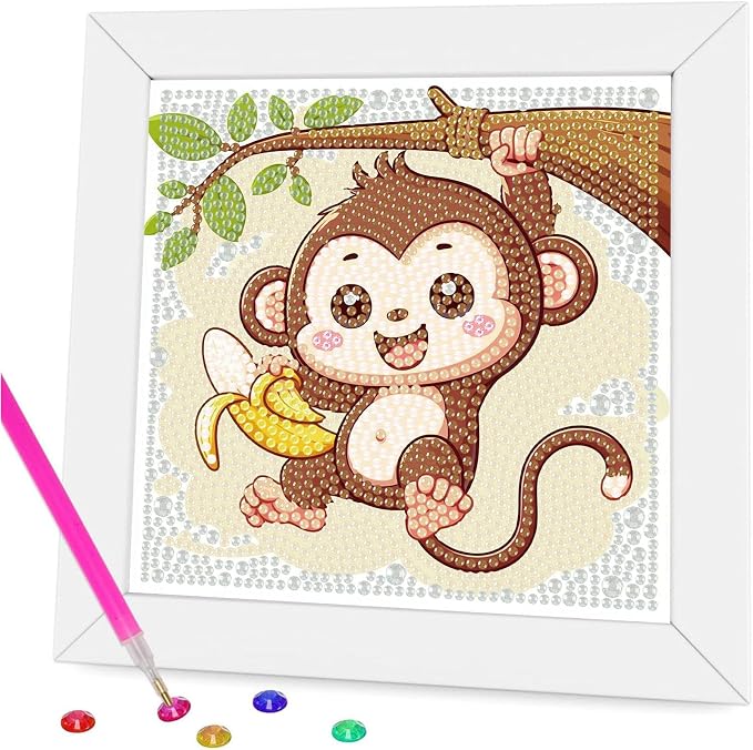 Gemozaic Monkey Diamond Art Kits for Kids Ages 4-8-12 with Frame, 7 x 7 in | Cute Monkey Diamond Art for Kids 10 Year Old, DIY Easy Kid Big Gem Painting, Animal Arts and Crafts for Girl Birthday Gift