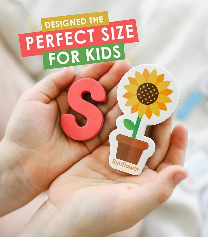 Curious Columbus Magnetic Objects and Letters, Foam Fridge Magnets for Kids | 52 Pictures and 26 Uppercase Alphabet Magnets from A-Z, Educational Toy for Preschool Learning, Full Magnetic Backing