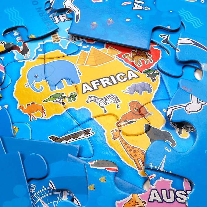 Jumbo Floor Puzzle for Kids,48-Piece World Map Jigsaw Puzzle Ages 3-8 | Discover 7 Continents,Oceans,Animals and Landmarks;Extra-thick Cardboard,35x24 in Completed,Preschool Gift for Boys and Girls
