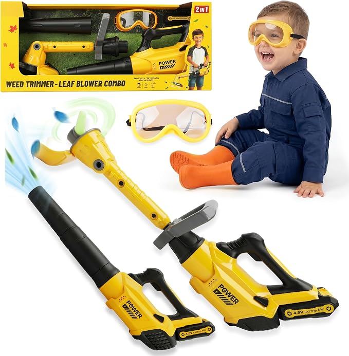 Toy Choi's 2-in-1 Kids Leaf Blower & Weed Trimmer Toy Gardening Tool Set | Outdoor Pretend Play Set with Realistic Lights & Sounds, Includes Safety Goggles, Gifts for Boys Girls Ages 3 4 5 6 7 8+