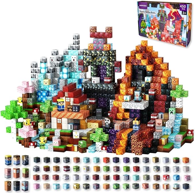 450 PCS Magnetic Building Blocks Set - Big STEM & Sensory Toy for Kids - Stacking Magnets - Instruction Book & Fabric Storage Bag - Shared Play Toy for Siblings & Friends