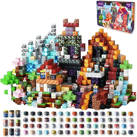 450 PCS Magnetic Building Blocks Set - Big STEM & Sensory Toy for Kids - Stacking Magnets - Instruction Book & Fabric Storage Bag - Shared Play Toy for Siblings & Friends