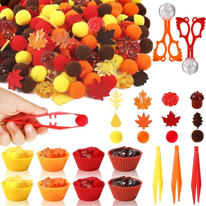 241 Pcs Fall Sensory Bin Fillers Fall Sensory Bin Items Fall Thanksgiving | Fine Motor Toys Counting Sorting Set,Felt Leaves,Acrylic Pumpkins,Pom Poms Sorting Cups,Tweezers for Preschool Education Acti