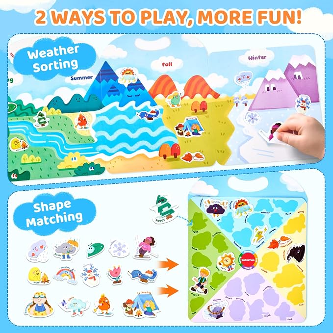 JoyCat Reusable Weather Theme Sticker Book, Travel Toys for Toddlers & Kids | Washable stickers make a kids' activity book for car, airplane and road trips; educational birthday gifts for boys and girls.