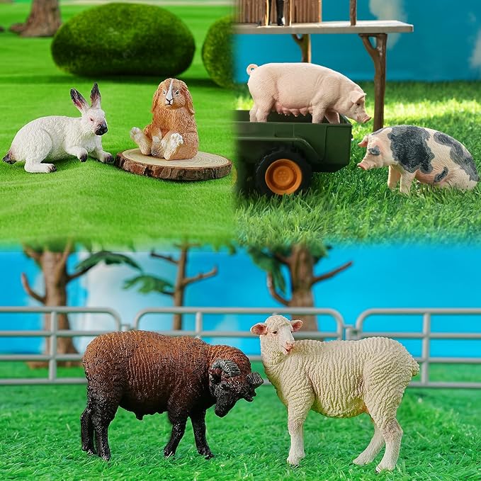 Toymany Realistic 17PCS Farm Animal Figurines Set with Fence, Includes Pigs, Sheeps, Alpaca and Rabbits Figures, Educational Toy Easter Bunny Figures Cake Toppers Birthday Gift for Kids Toddlers